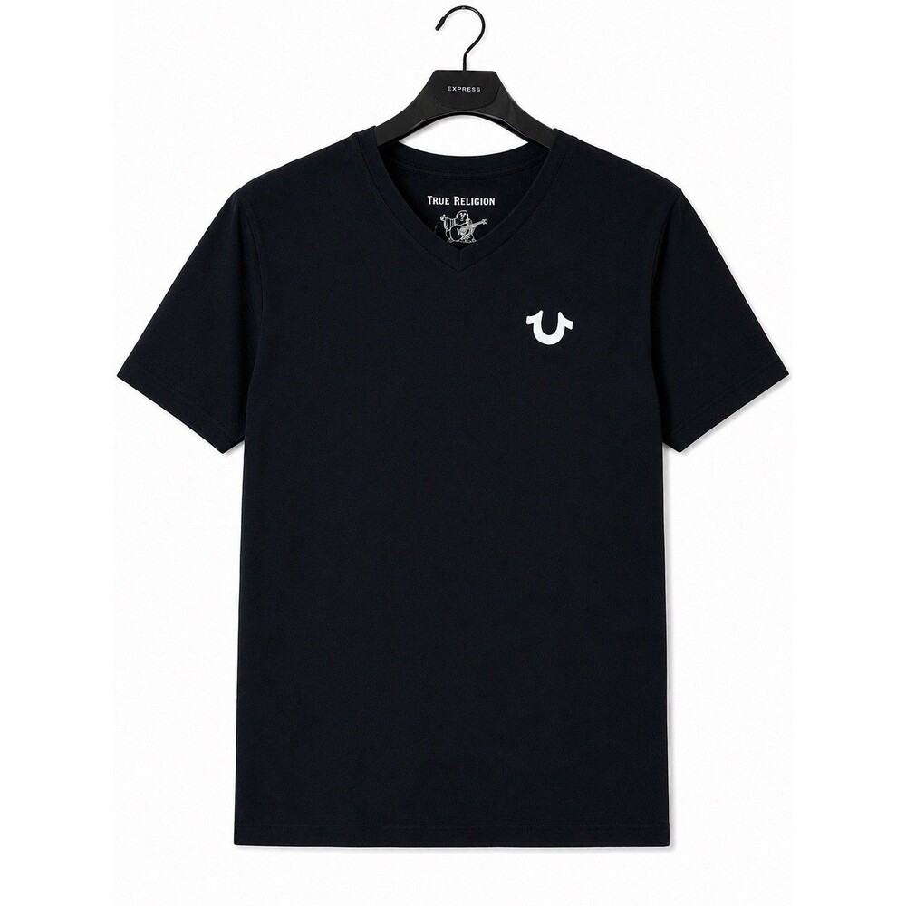 True Religion Men’s Large Black V Neck T Shirt Horseshoe Logo Short Sleeve Tee